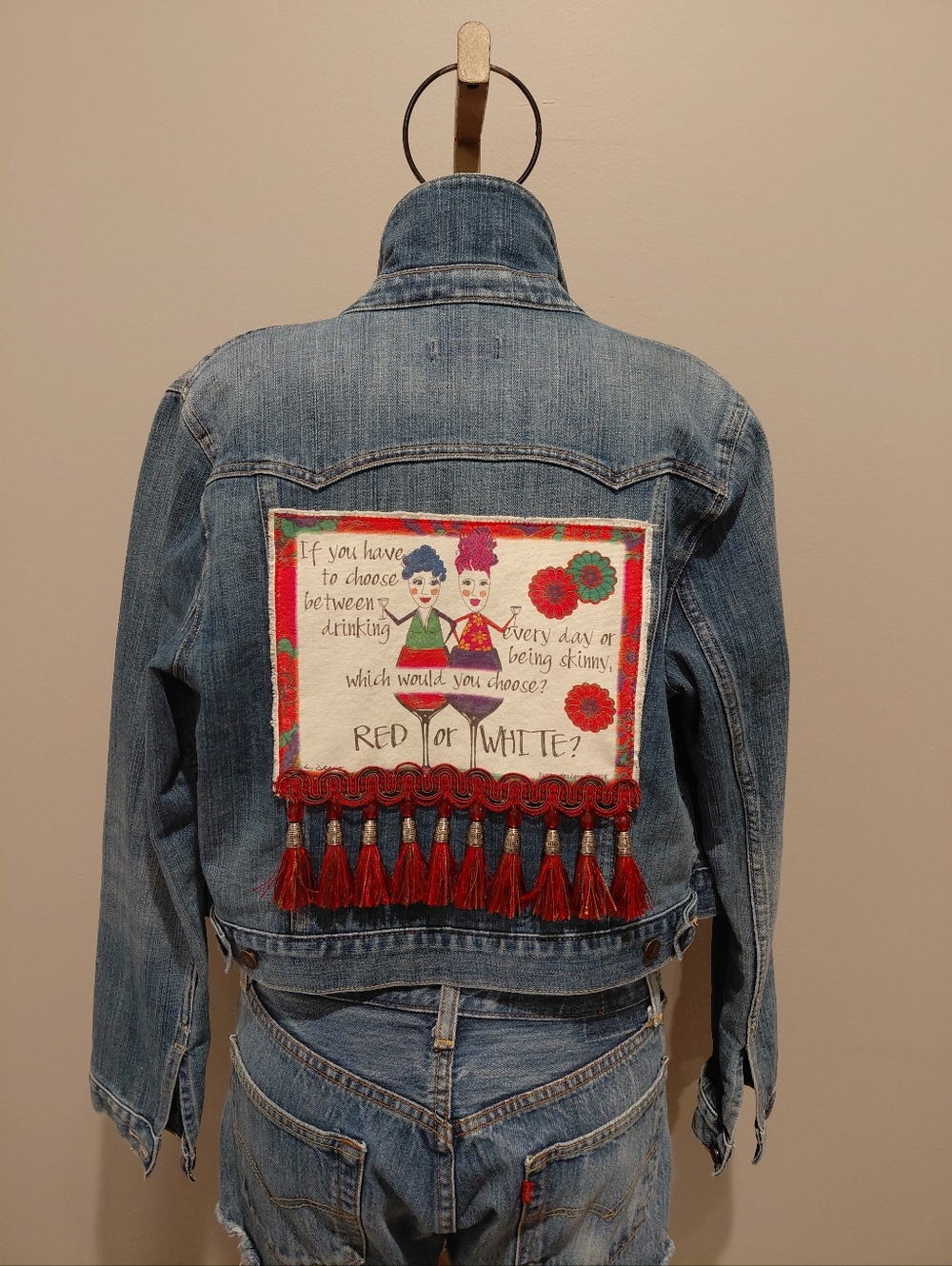 Old Navy Embellished Denim Jacket with Red Or Wine Drinking Tassel Patch